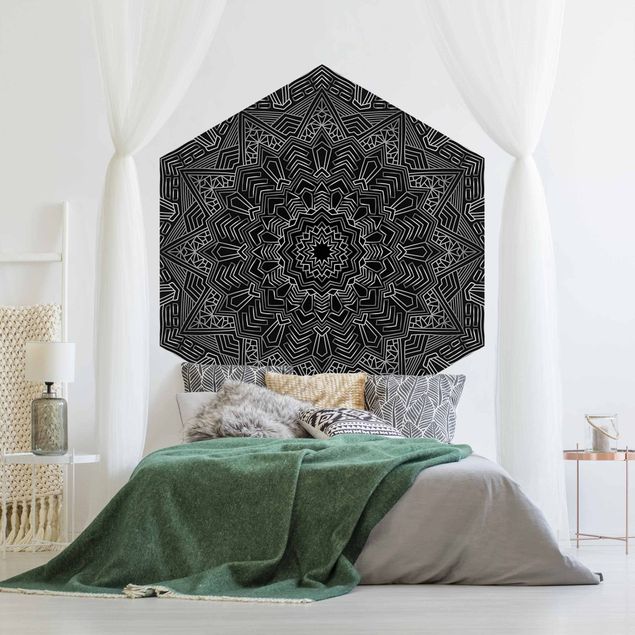 Self-adhesive hexagonal pattern wallpaper - Mandala Star Pattern Silver Black
