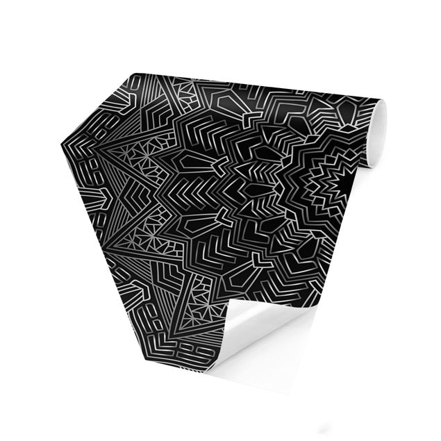 Self-adhesive hexagonal pattern wallpaper - Mandala Star Pattern Silver Black