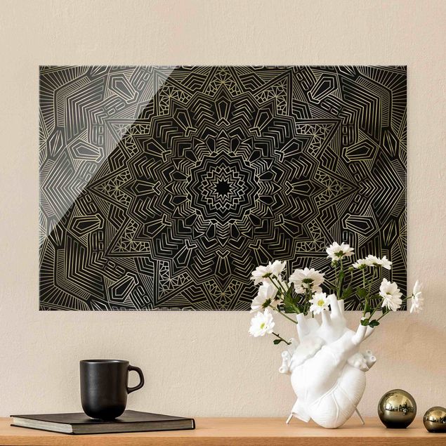 Glass print - Mandala Star Pattern Silver Black - Landscape format
