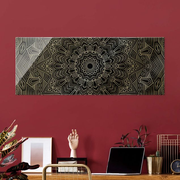 Glass print - Mandala Star Pattern Silver Black - Panorama