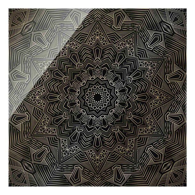 Glass print - Mandala Star Pattern Silver Black - Square