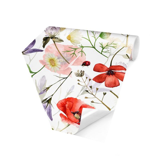 Self-adhesive hexagonal pattern wallpaper - Ladybird With Poppies In Watercolour