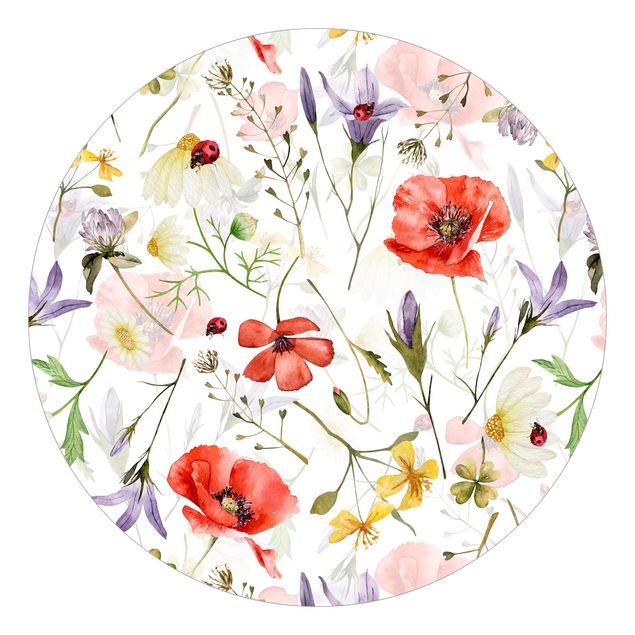 Self-adhesive round wallpaper - Ladybird With Poppies In Watercolour