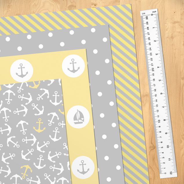 Adhesive film - Maritime Pattern Set Squares With Anchor, Stripes And Dots