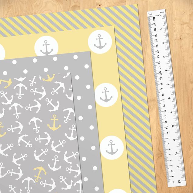 Adhesive film - Maritime Pattern Set Stripes With Anchor, Stripes And Dots