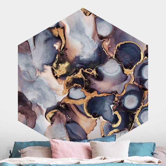 Hexagonal wall mural Marble Watercolour With Gold