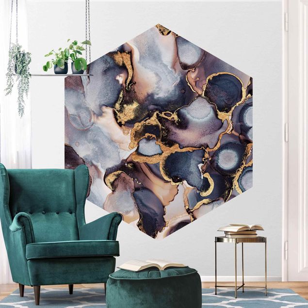 Self-adhesive hexagonal pattern wallpaper - Marble Watercolour With Gold