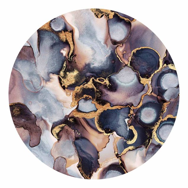 Self-adhesive round wallpaper - Marble Watercolour With Gold