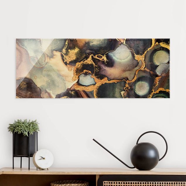 Glass print - Marble Watercolour With Gold - Panorama