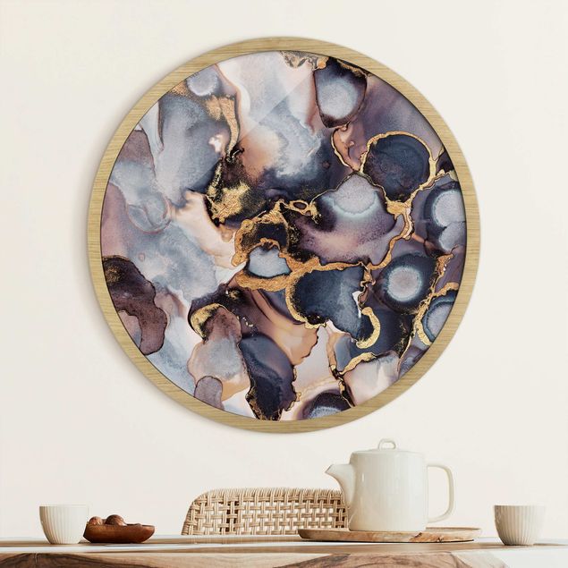 Framed prints round Marble Watercolour With Gold