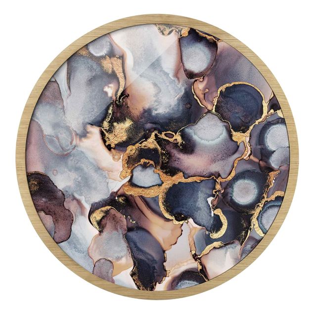 Circular framed print - Marble Watercolour With Gold