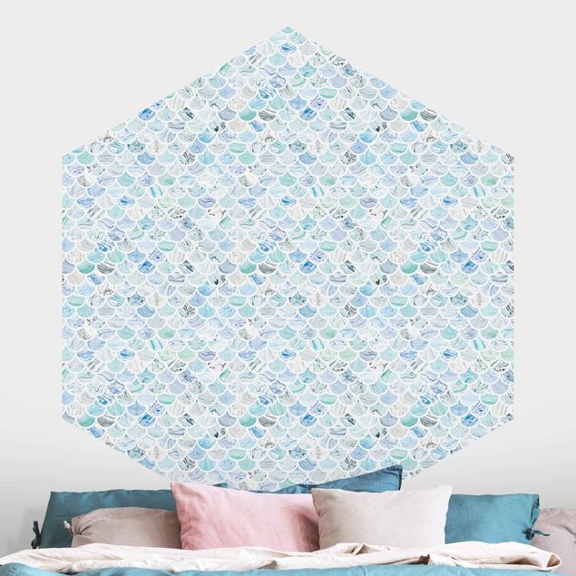 Self-adhesive hexagonal wall mural Marble Pattern Sea Blue