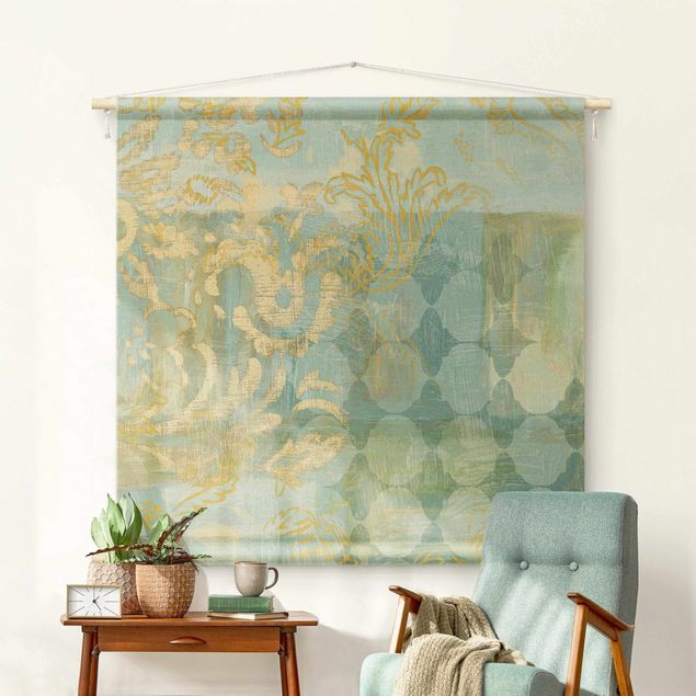 modern tapestry wall hanging Moroccan Collage In Gold And Turquoise