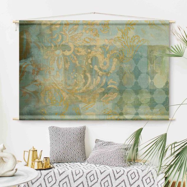 modern tapestry wall hanging Moroccan Collage In Gold And Turquoise