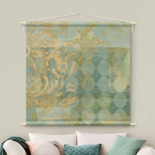 extra large wall tapestry Moroccan Collage In Gold And Turquoise