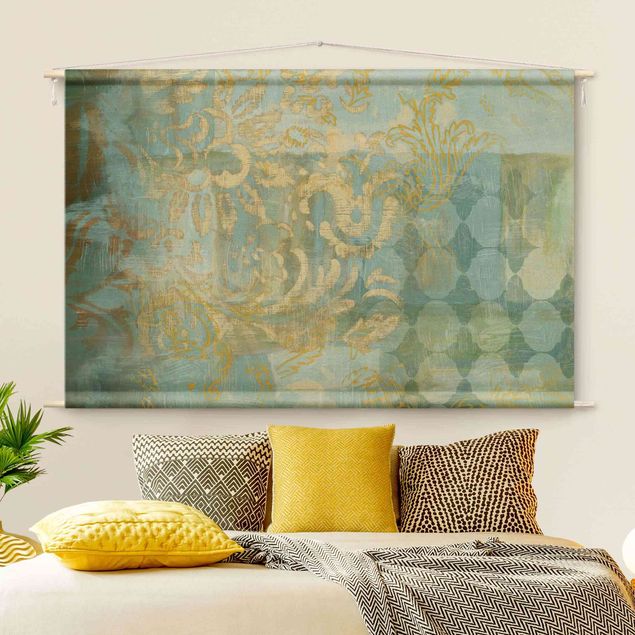 extra large wall tapestry Moroccan Collage In Gold And Turquoise