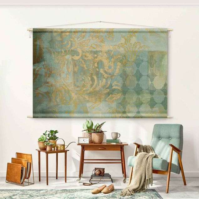 vintage wall tapestry Moroccan Collage In Gold And Turquoise