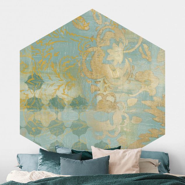 Hexagonal wall mural Moroccan Collage In Gold And Turquoise II