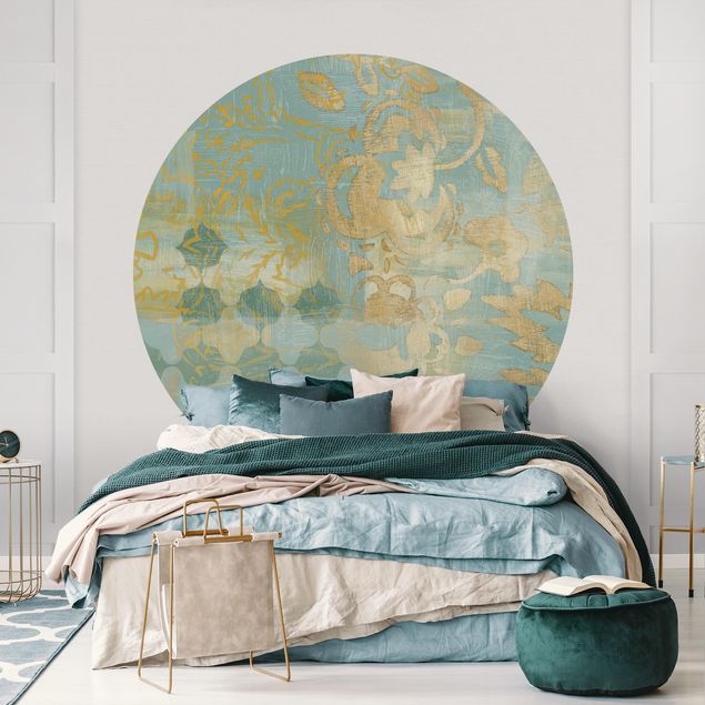 Self-adhesive round wallpaper - Moroccan Collage In Gold And Turquoise II