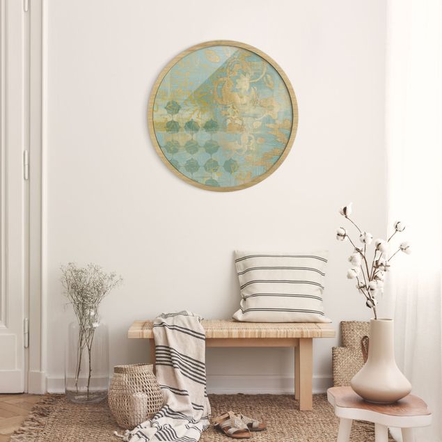 Circular framed print - Moroccan Collage In Gold And Turquoise II