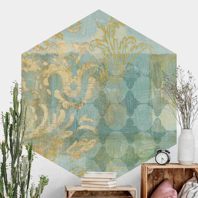 Hexagonal wallpapers Moroccan Collage In Gold And Turquoise