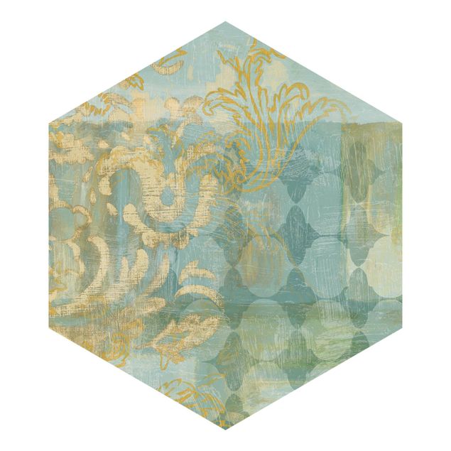 Self-adhesive hexagonal pattern wallpaper - Moroccan Collage In Gold And Turquoise