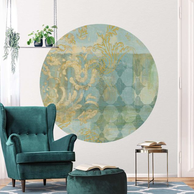 Self-adhesive round wallpaper - Moroccan Collage In Gold And Turquoise