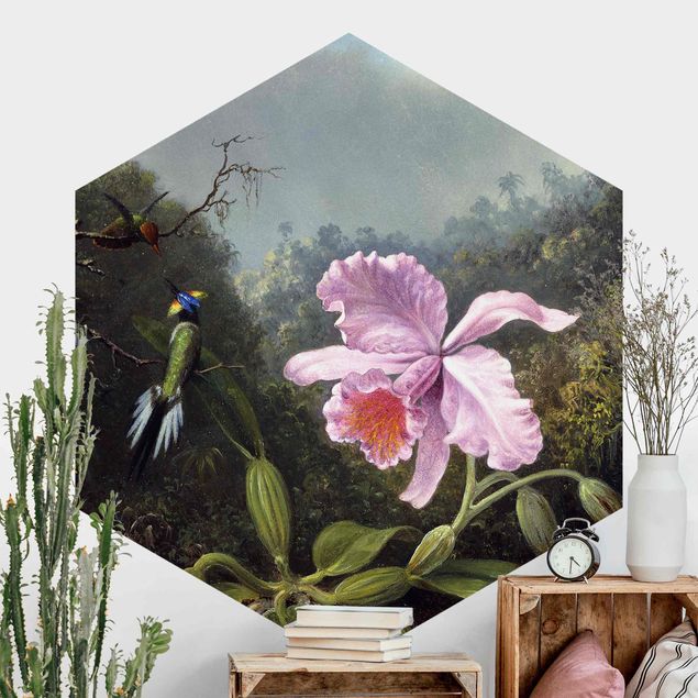 Hexagonal wall mural Martin Johnson Heade - Still Life With An Orchid And A Pair Of Hummingbirds