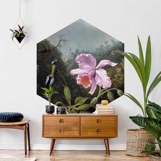 Self-adhesive hexagonal pattern wallpaper - Martin Johnson Heade - Still Life With An Orchid And A Pair Of Hummingbirds