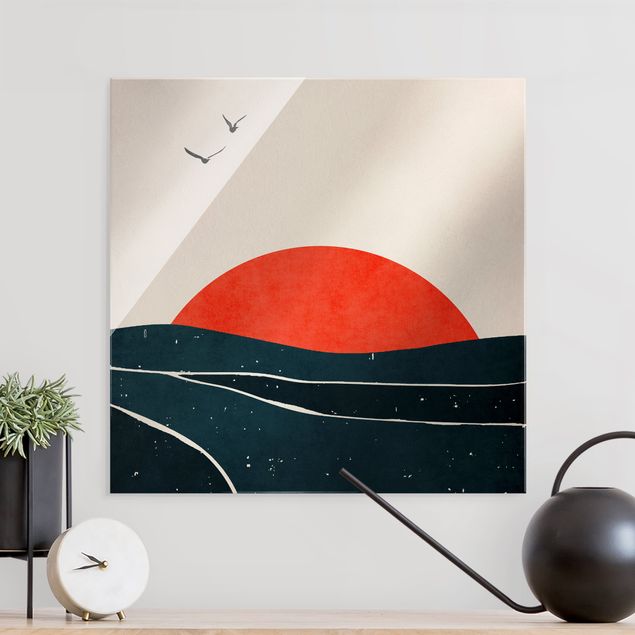Glass print - Ocean In Front Of Red Sun