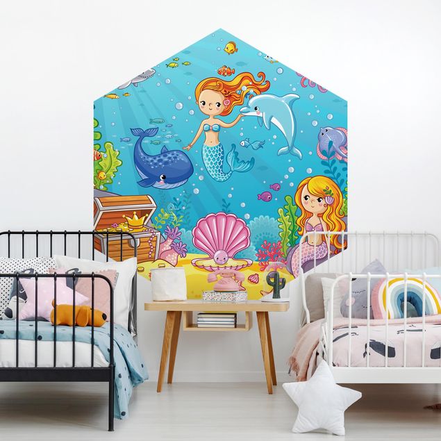 Self-adhesive hexagonal pattern wallpaper - Mermaid Underwater World