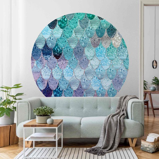 Self-adhesive round wallpaper - Mermaid Magic In Bluish Green