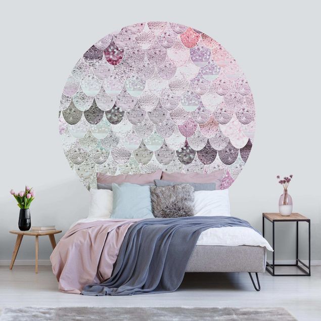 Self-adhesive round wallpaper - Mermaid Magic Light Pink Grey