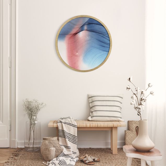 Circular framed print - Mottled Colour Dance In Blue With Red