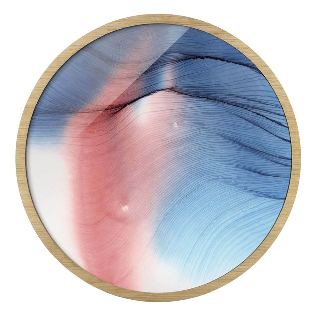 Circular framed print - Mottled Colour Dance In Blue With Red