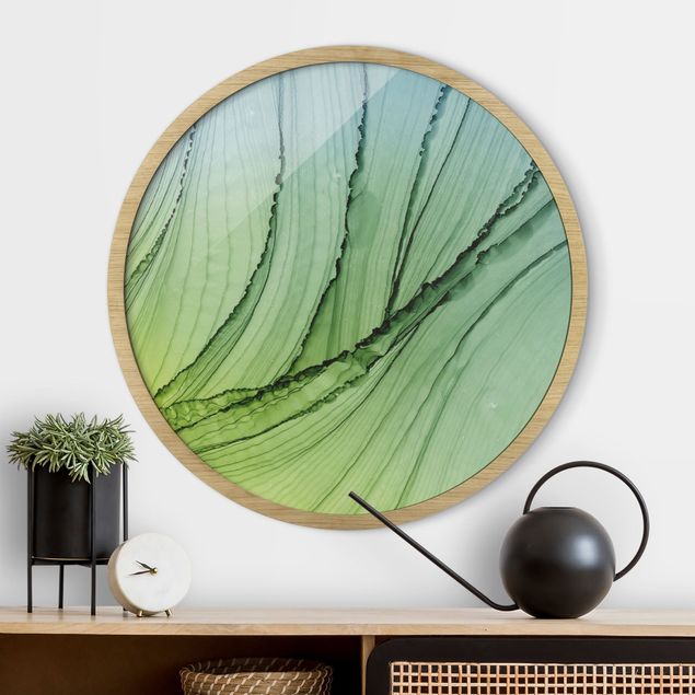 Framed prints round Mottled Gradient In Yellow Green