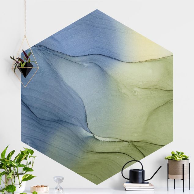 Hexagonal wall mural Mottled Bluish Grey With Moss Green