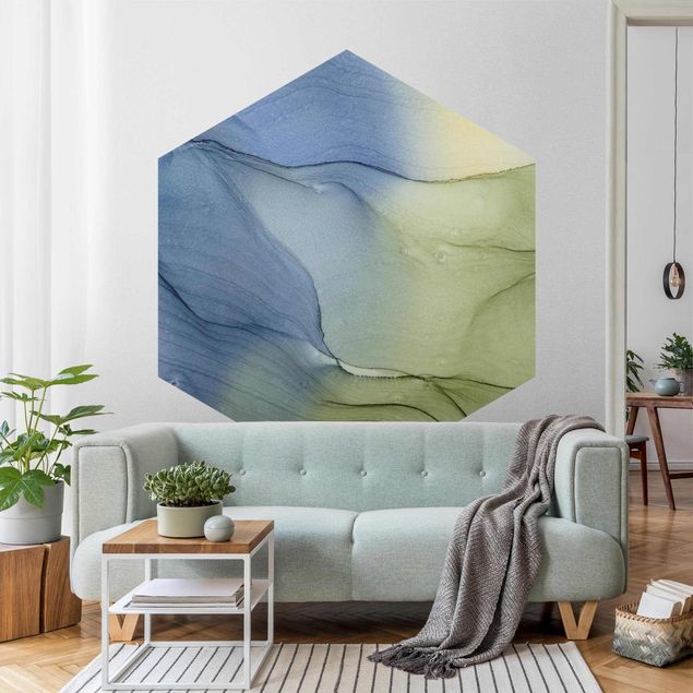 Self-adhesive hexagonal pattern wallpaper - Mottled Bluish Grey With Moss Green