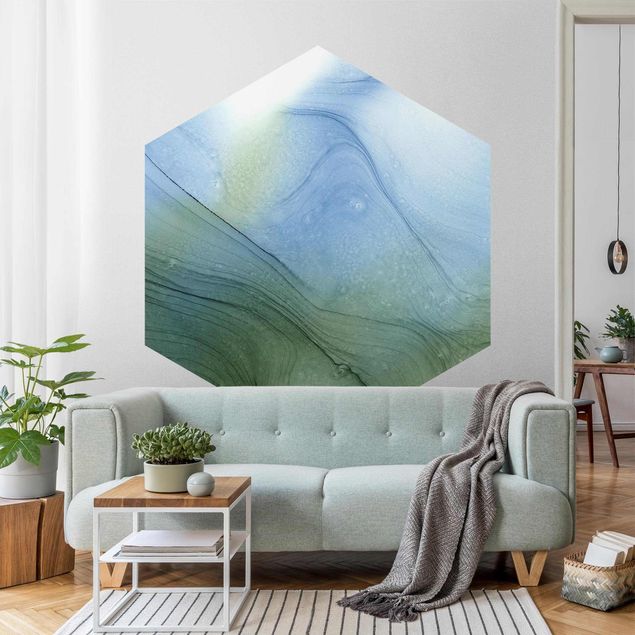 Self-adhesive hexagonal pattern wallpaper - Mottled Moss Green With Blue