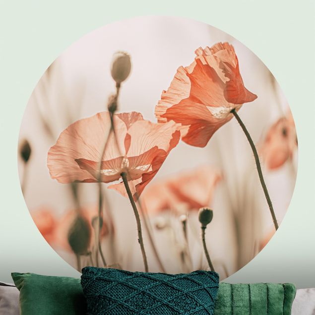 Self-adhesive round wallpaper - Poppy Flowers In Summer Breeze
