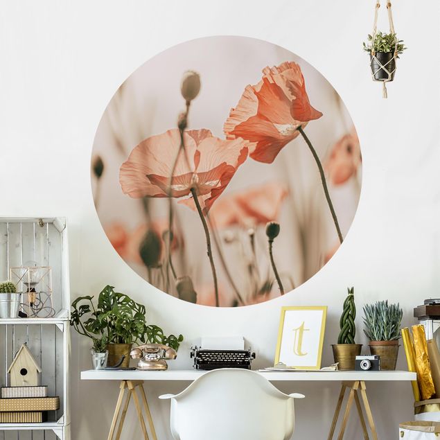 Self-adhesive round wallpaper - Poppy Flowers In Summer Breeze