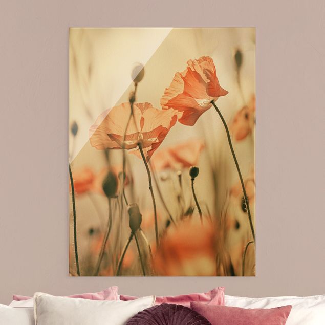 Glass print - Poppy Flowers In Summer Breeze - Portrait format