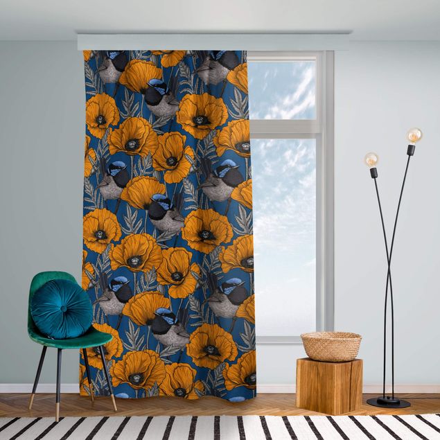 Modern Curtains Poppies And Birds