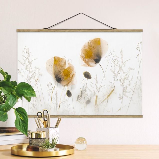 Fabric print with poster hangers - Poppy Flowers And Delicate Grasses In Soft Fog - Landscape format 3:2