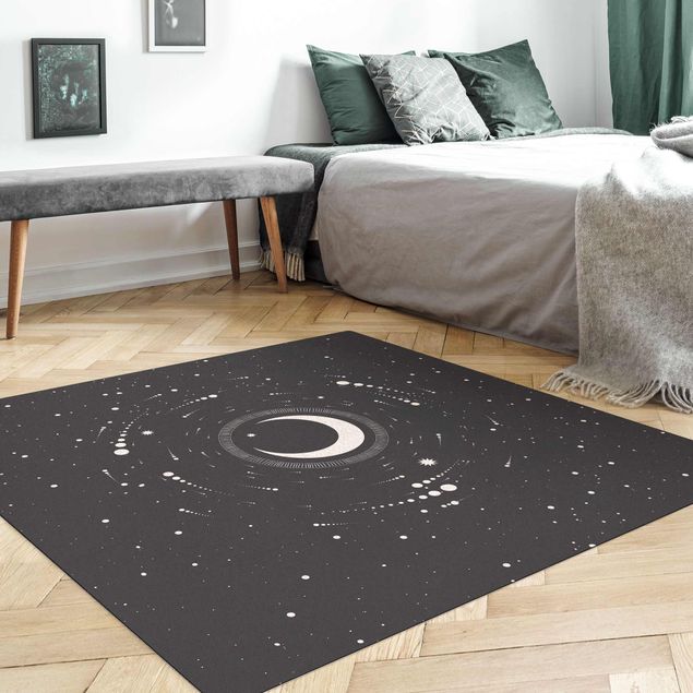 black and white area rug Moon In Star Circle