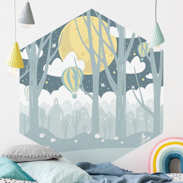 Hexagonal wall mural Moon With Trees And Houses