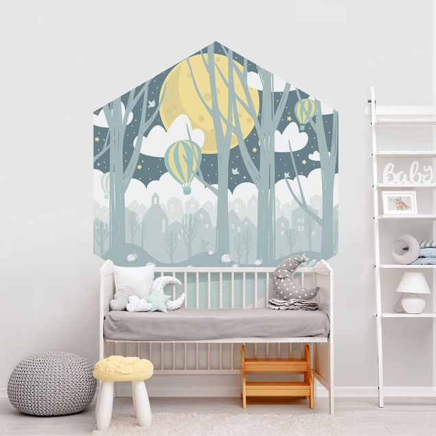 Self-adhesive hexagonal pattern wallpaper - Moon With Trees And Houses