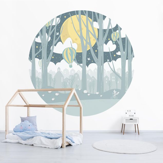 Self-adhesive round wallpaper kids - Moon With Trees And Houses