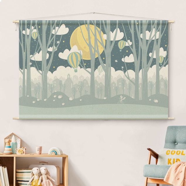 modern wall tapestry Moon With Trees And Houses