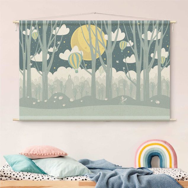 nature wall tapestry Moon With Trees And Houses